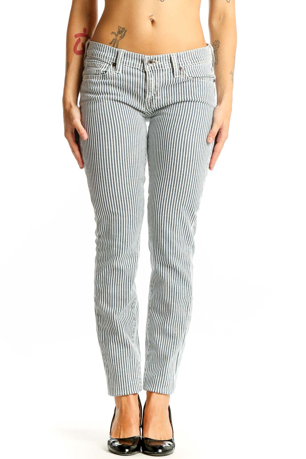 Front view of Lucky Brand blue and white striped slim fit cotton pants