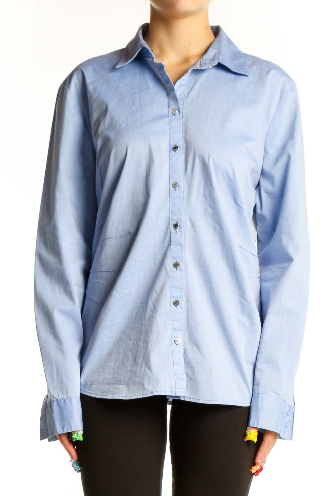 Front view of 7th Avenue light blue button-up collared shirt on model