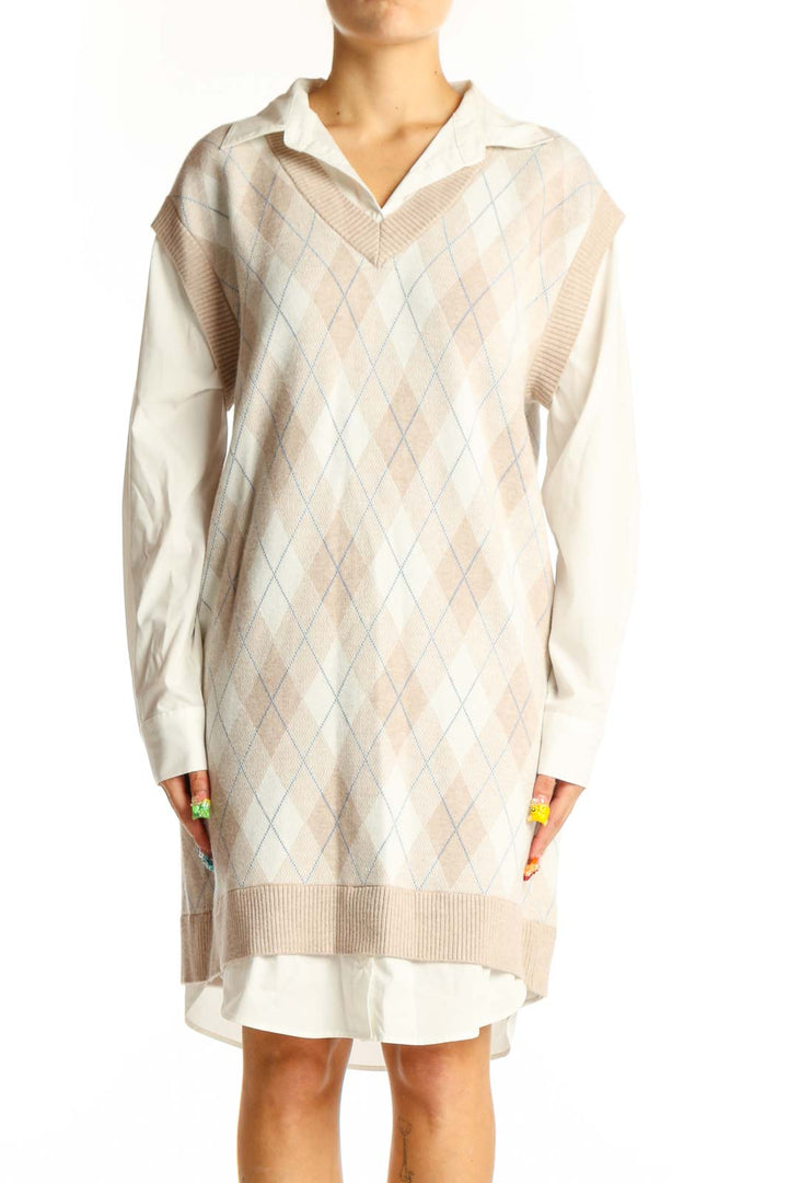 Front view of cream argyle v-neck sweater dress by Max Studio