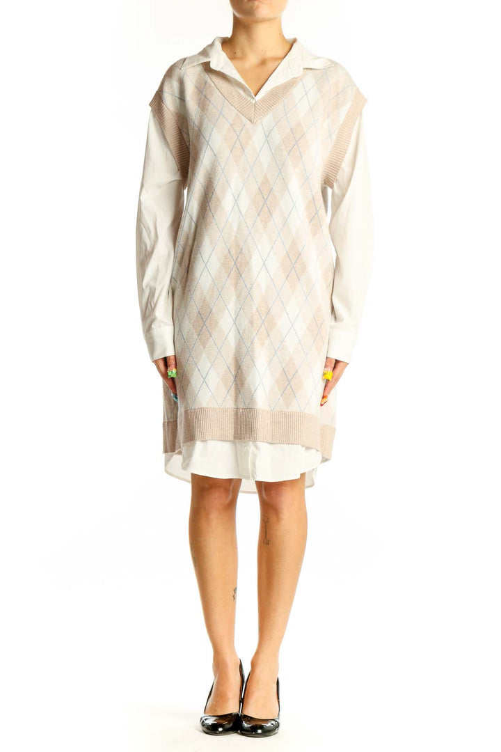 Front view of cream argyle v-neck sweater dress by Max Studio