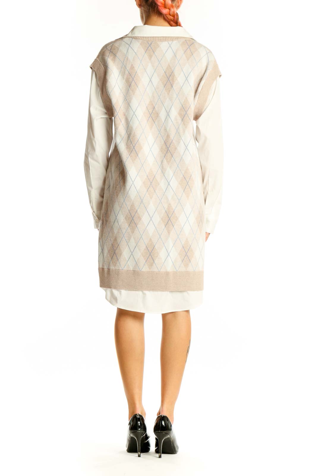 Back view of cream argyle v-neck sweater dress by Max Studio