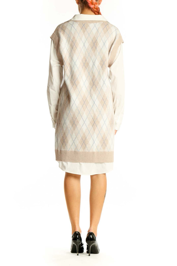 Back view of cream argyle v-neck sweater dress by Max Studio
