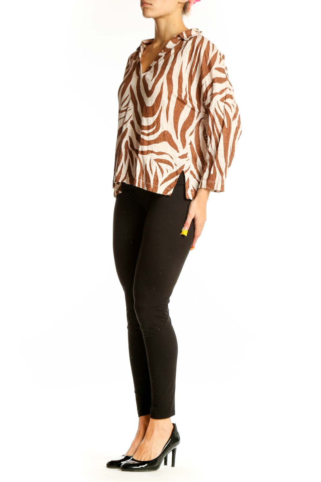 Front view of Tahari brown and cream zebra print linen top with V-neckline