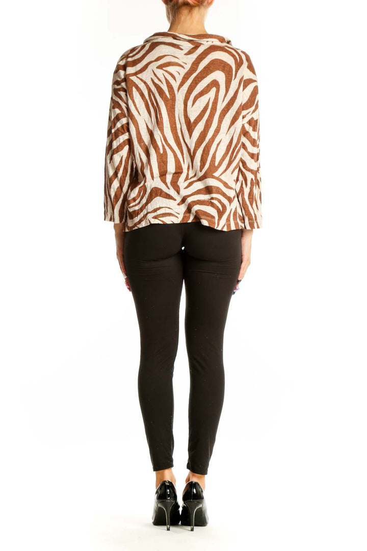 Back view of Tahari brown and cream zebra print linen top showing relaxed fit