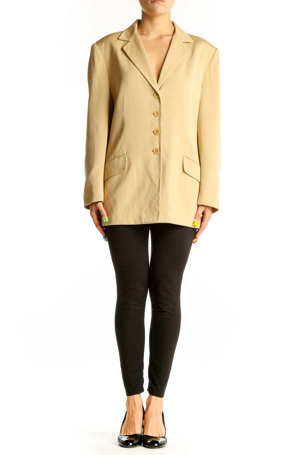 Front view of Pure Silk beige polyester blazer jacket