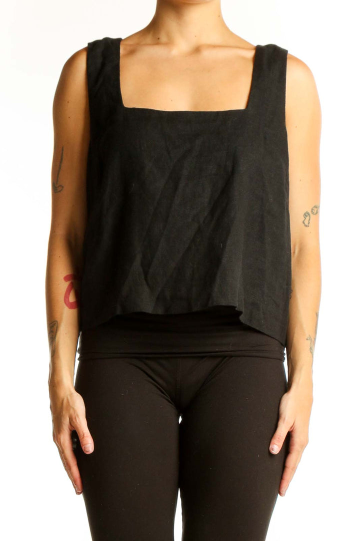 Front view of black linen sleeveless top with square neckline