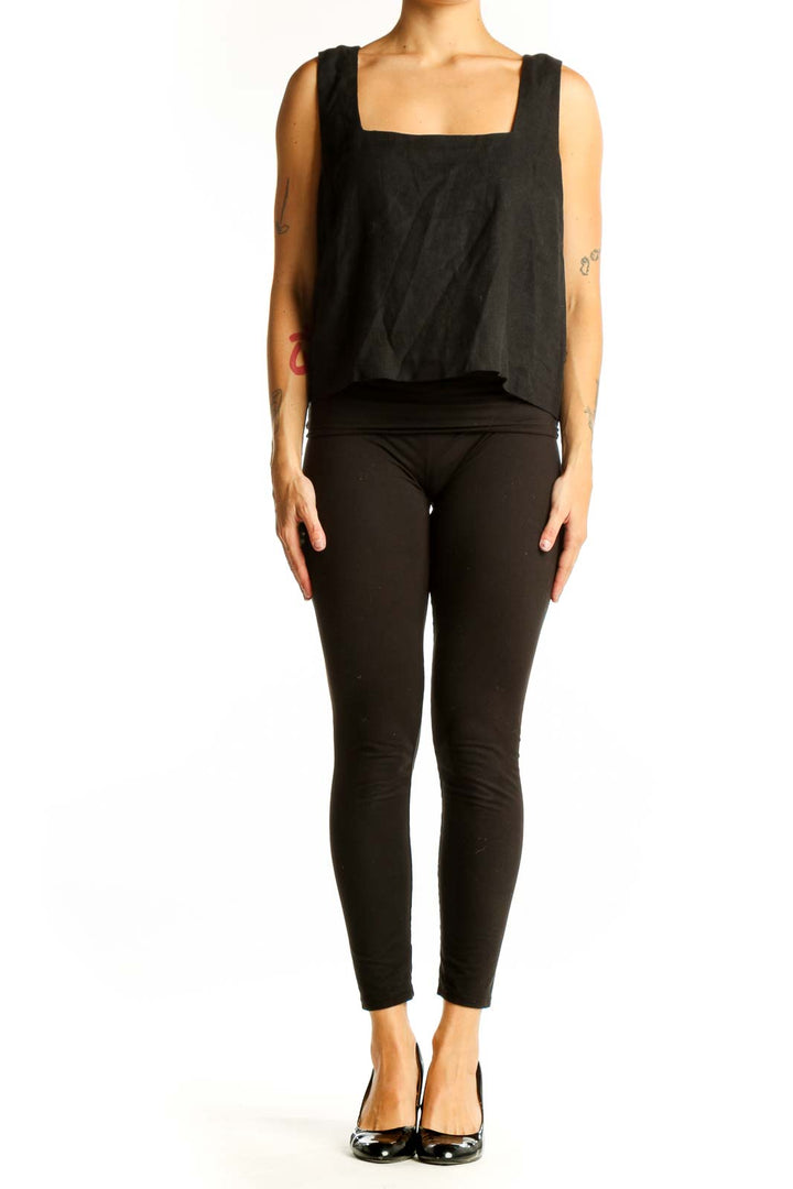 Front view of black linen sleeveless top with square neckline