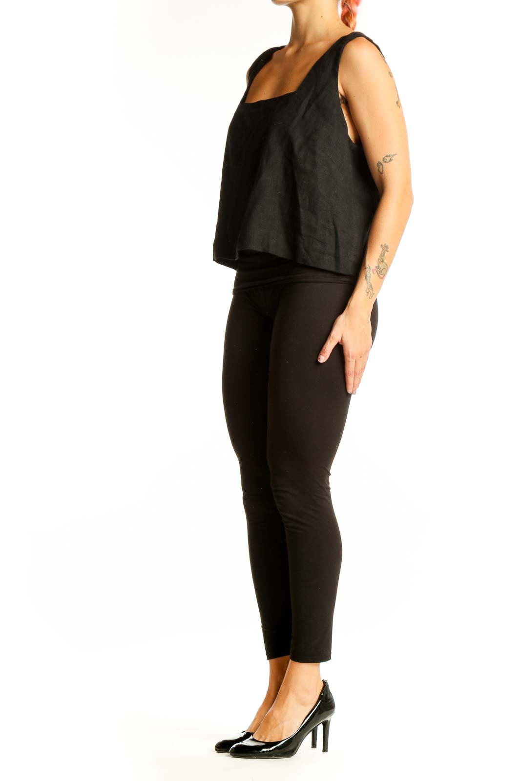 Front view of black linen sleeveless top with square neckline