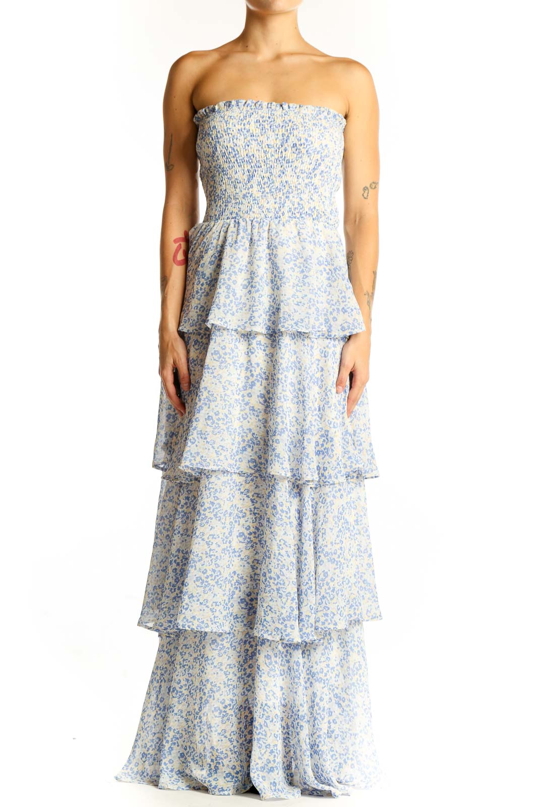 Front view of fab'rik blue floral tiered strapless maxi dress