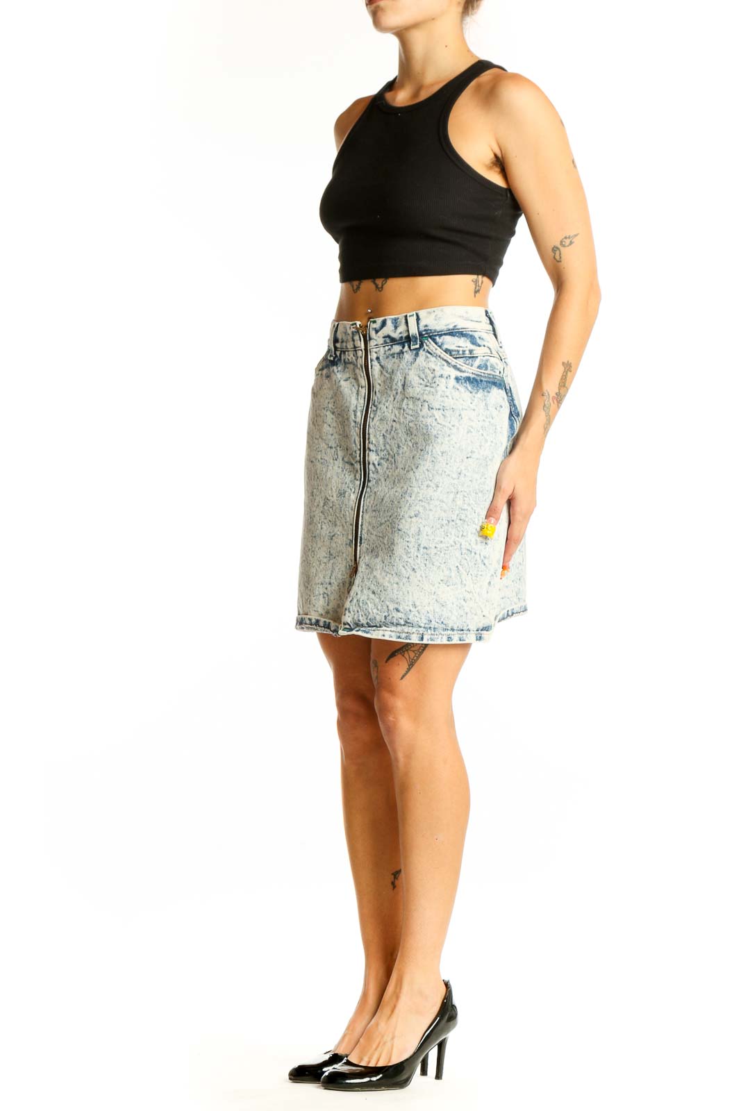 Front view of Lee acid wash denim mini skirt with zip-front design