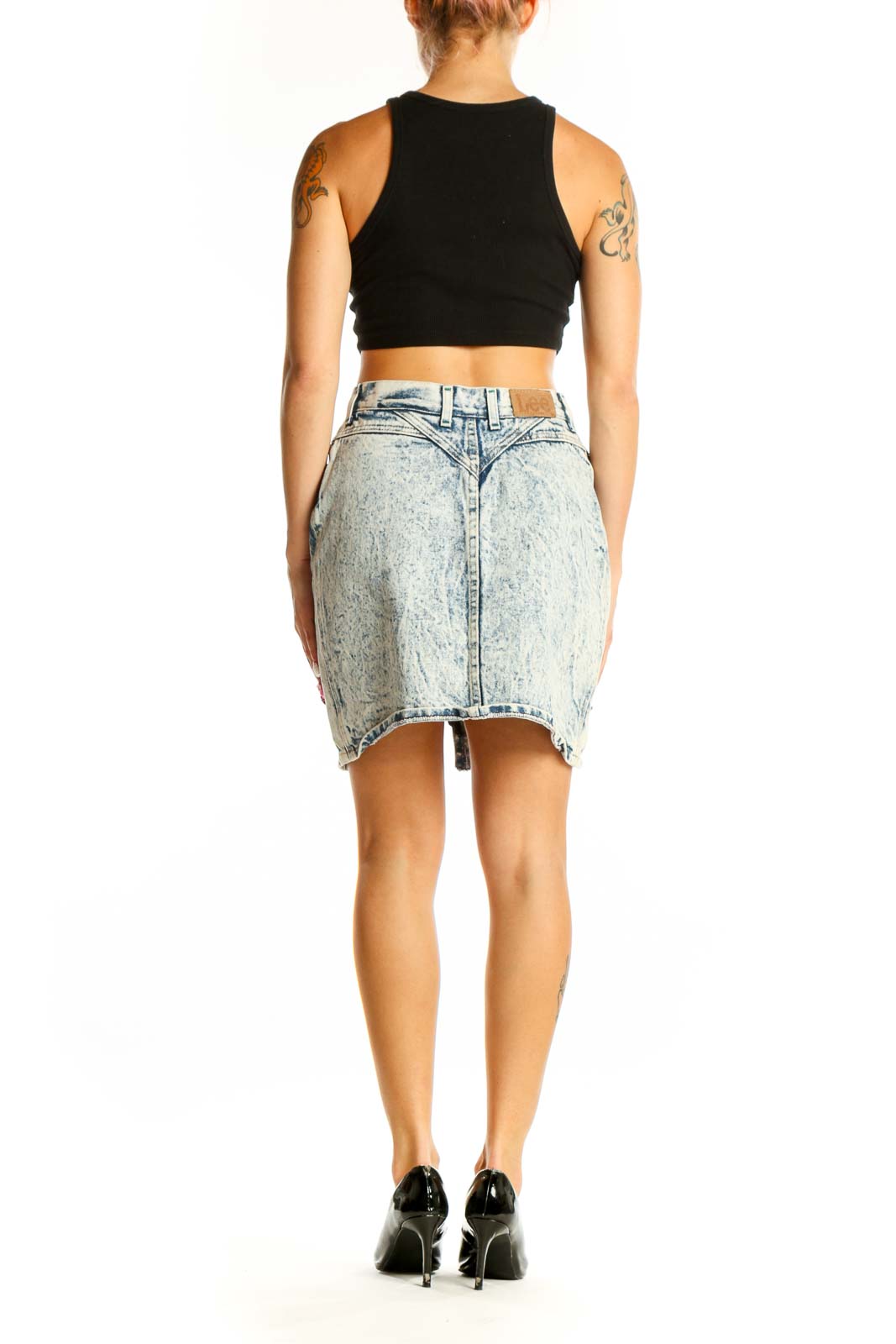 Back view of Lee acid wash denim mini skirt showing fit and length
