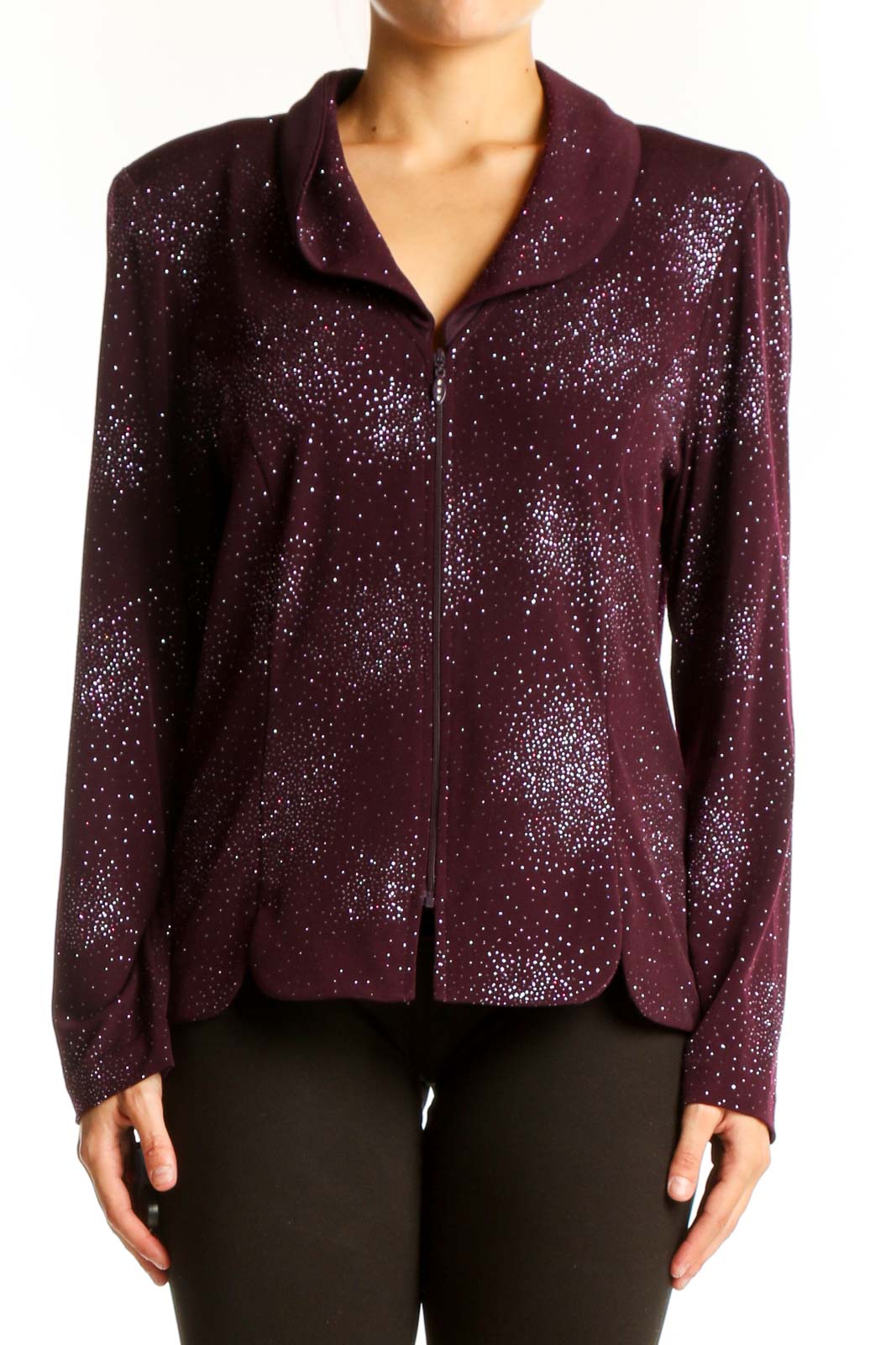 Front view of R&K Originals burgundy zip-up blouse with silver sparkle pattern