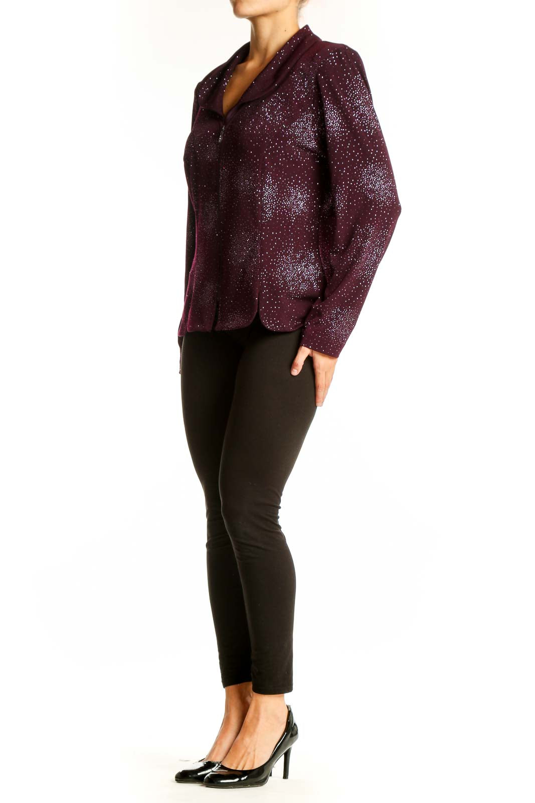 Front view of R&K Originals burgundy zip-up blouse with silver sparkle pattern