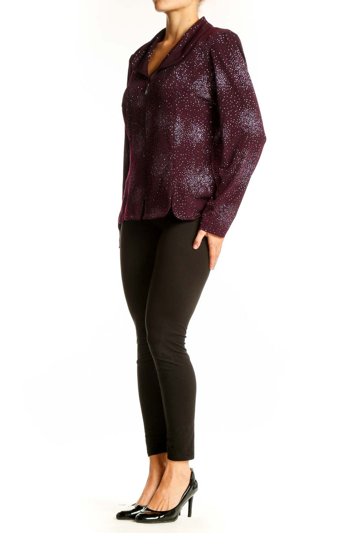 Front view of R&K Originals burgundy zip-up blouse with silver sparkle pattern