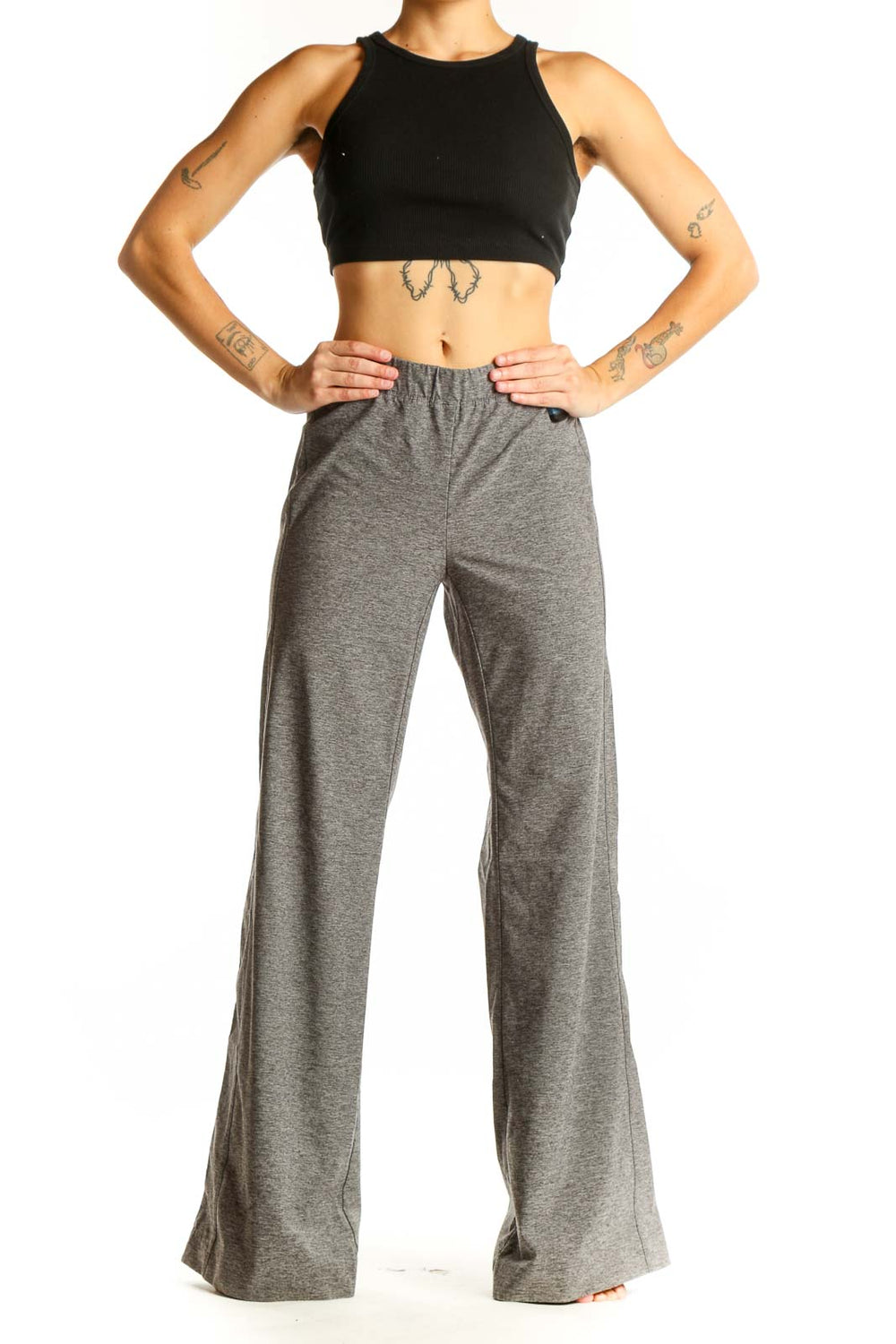 Front view of gray wide-leg activewear pants by Derek Lam 10C - Athleta
