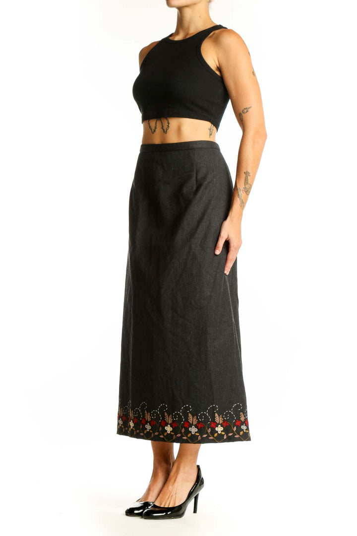 Front view of Pendleton charcoal wool maxi skirt with floral embroidery