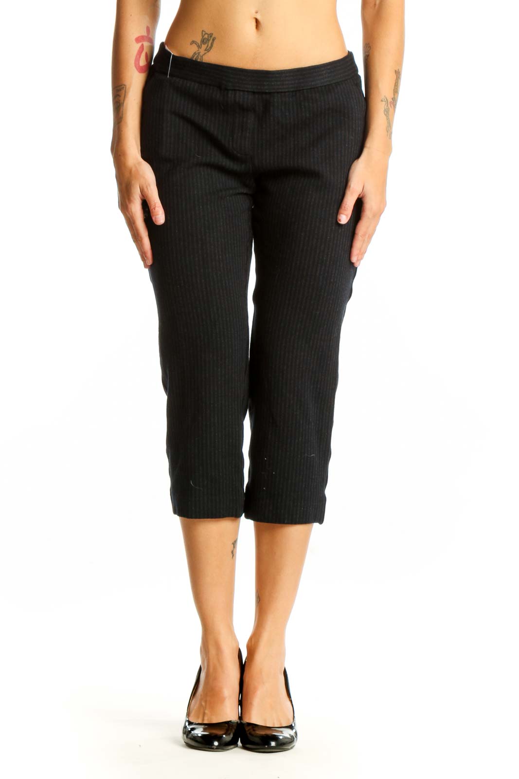 Front view of Theory black pinstriped cropped dress pants