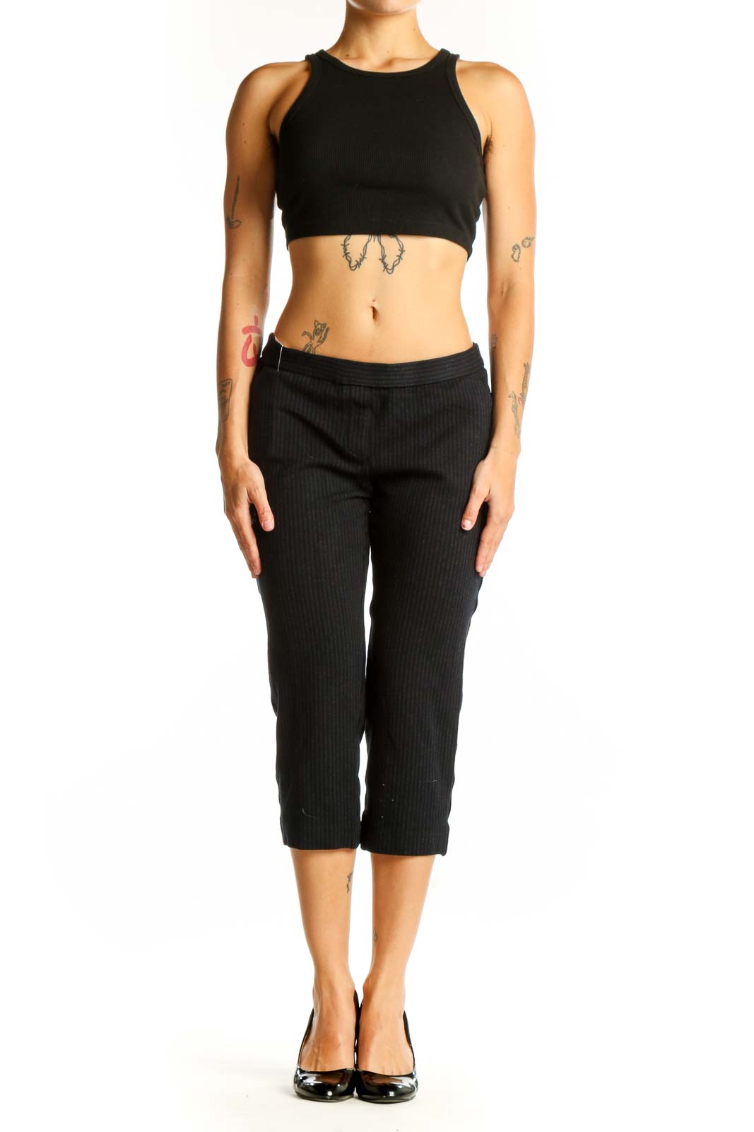 Front view of Theory black pinstriped cropped dress pants