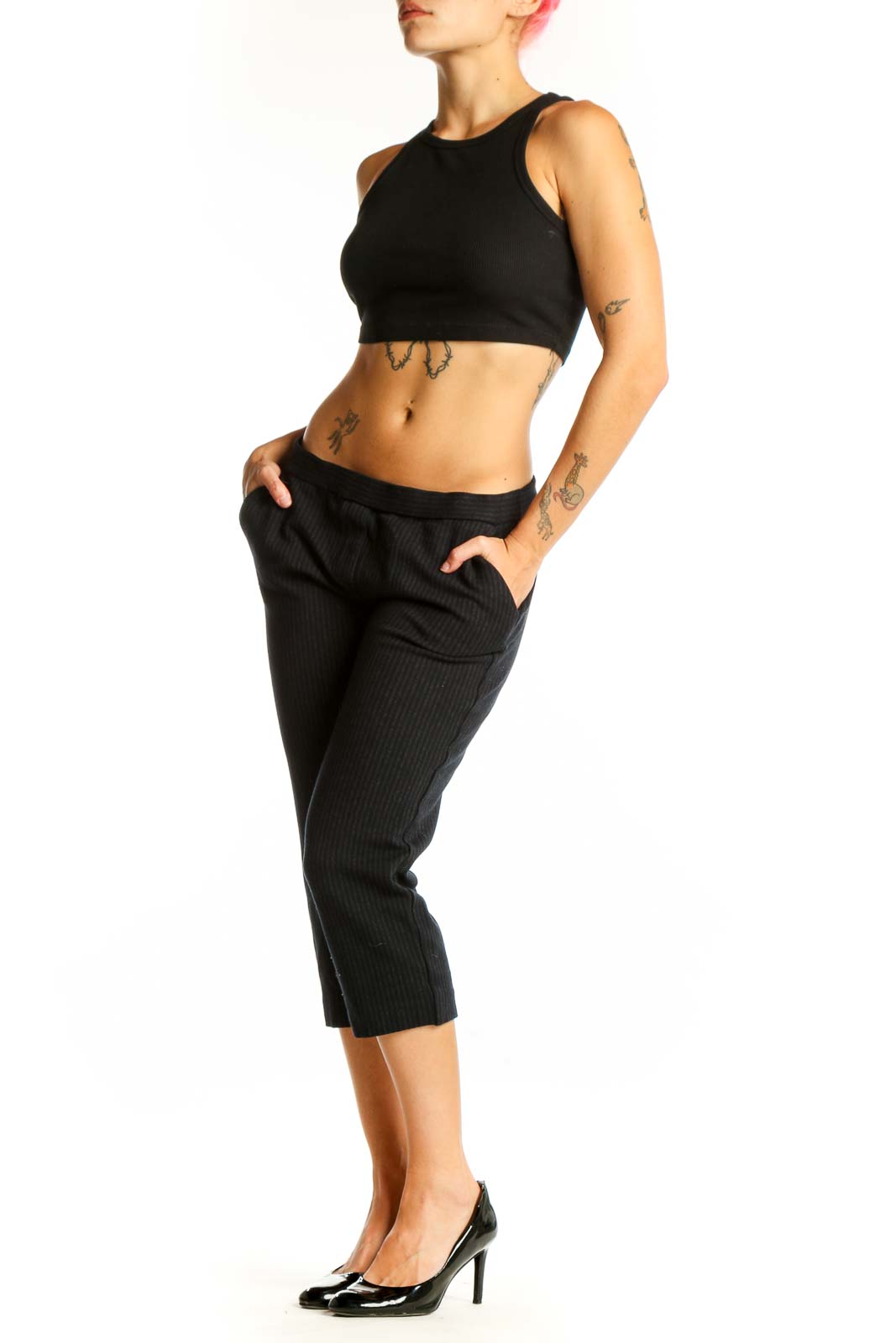 Front view of Theory black pinstriped cropped dress pants