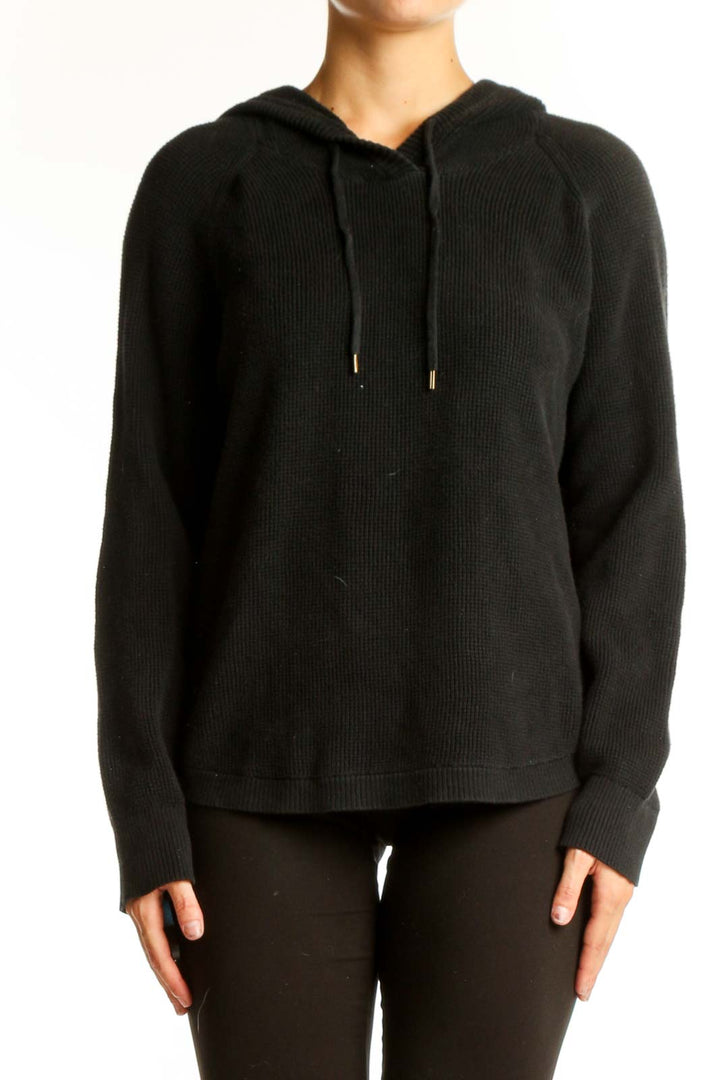Front view of black cotton knit hoodie sweater by Lauren Ralph Lauren