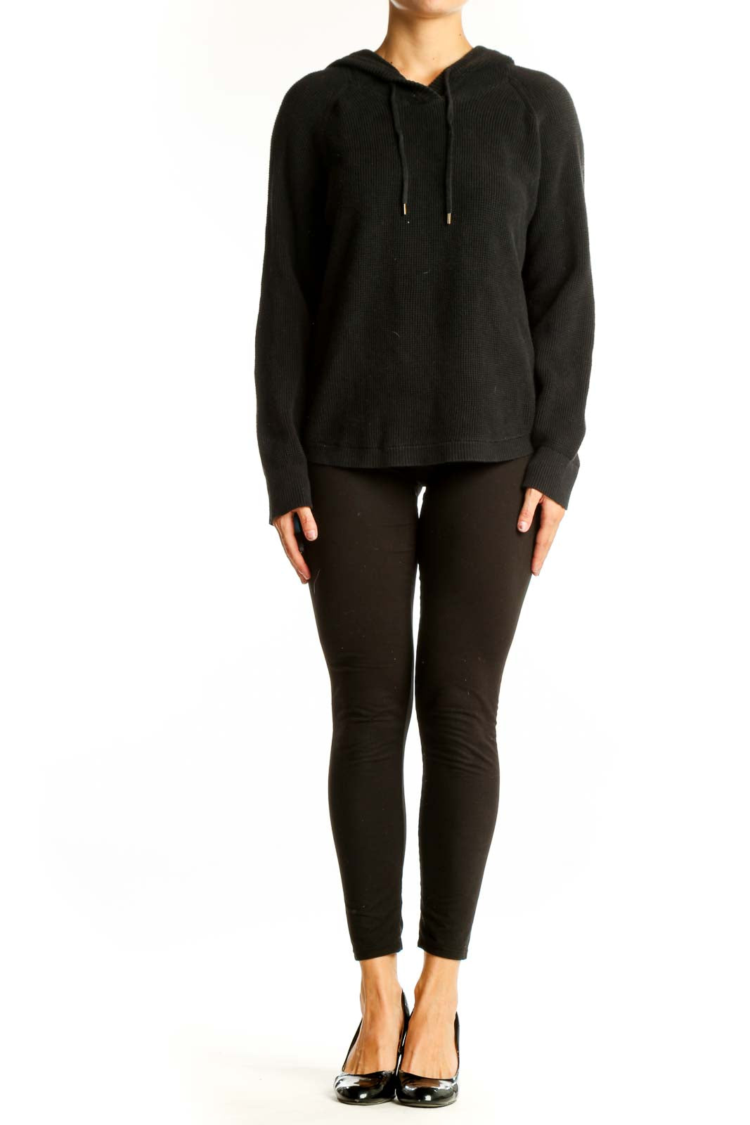 Front view of black cotton knit hoodie sweater by Lauren Ralph Lauren