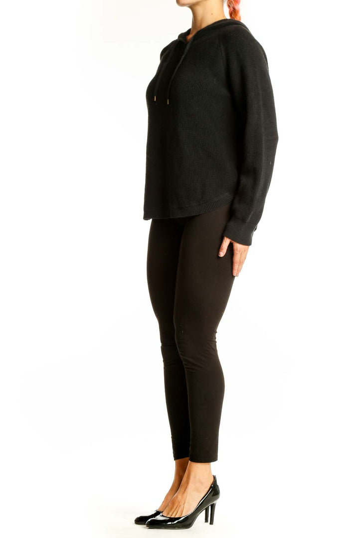 Front view of black cotton knit hoodie sweater by Lauren Ralph Lauren