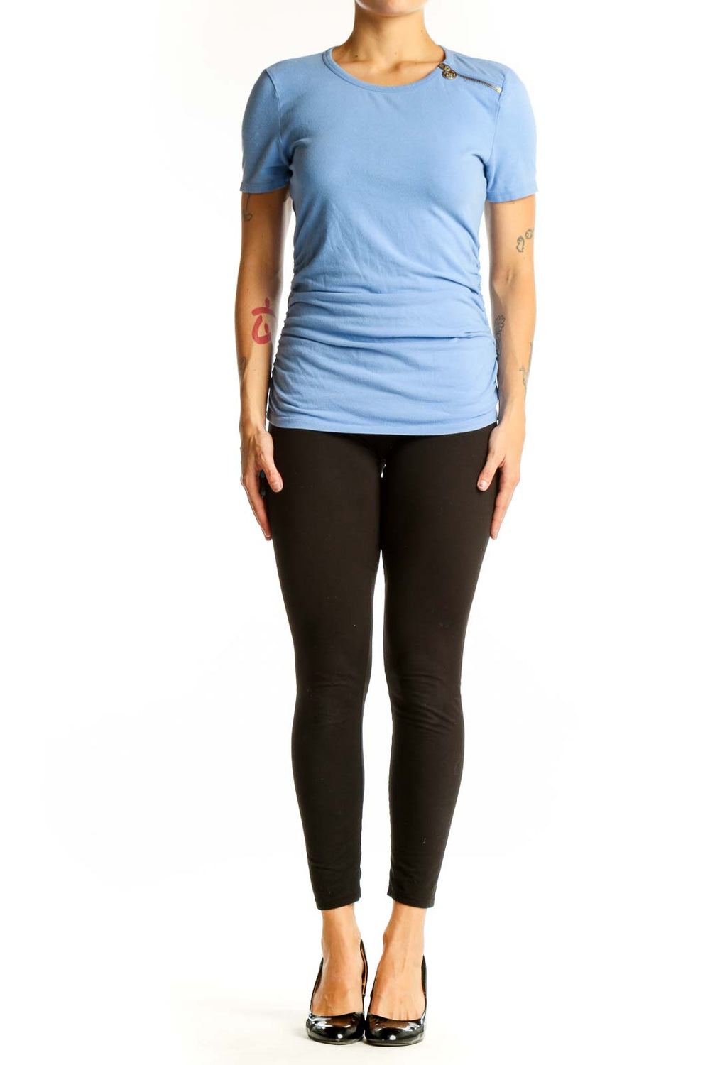 Front view of sky blue MICHAEL Michael Kors t-shirt with ruched sides