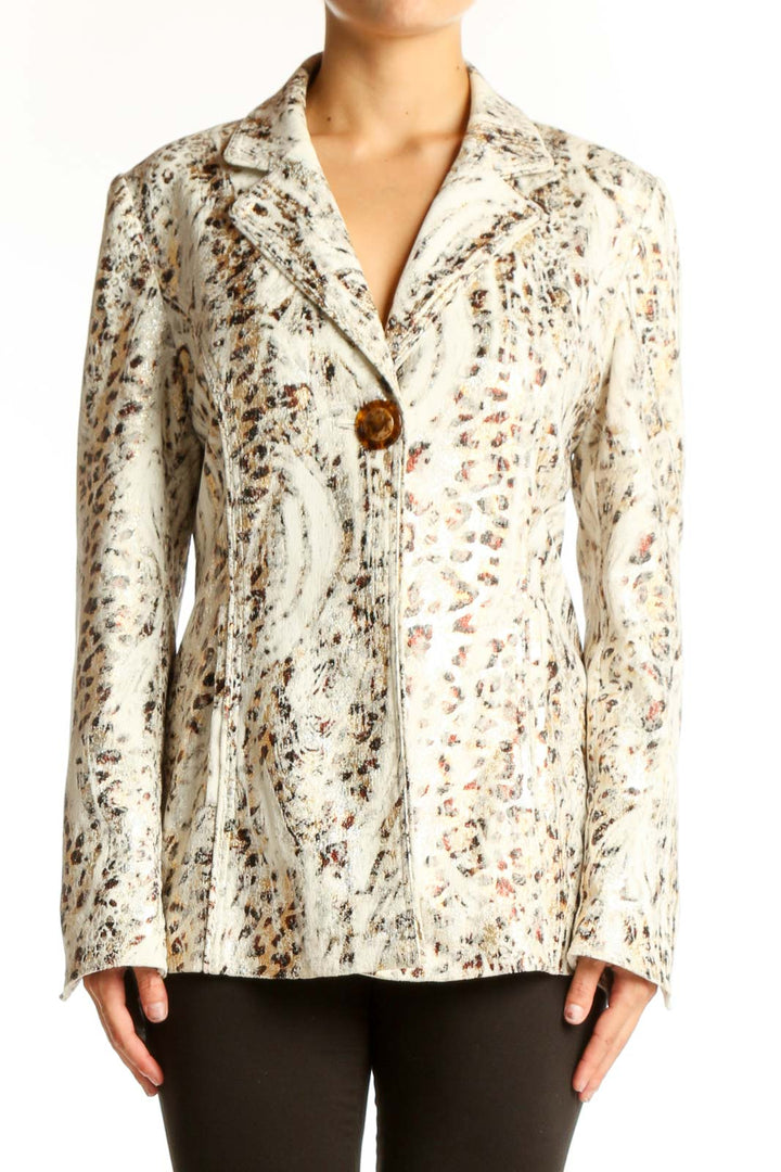 Front view of cream animal print blazer by Berek