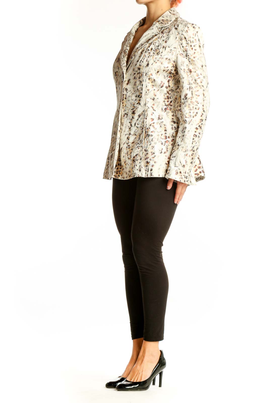 Front view of cream animal print blazer by Berek
