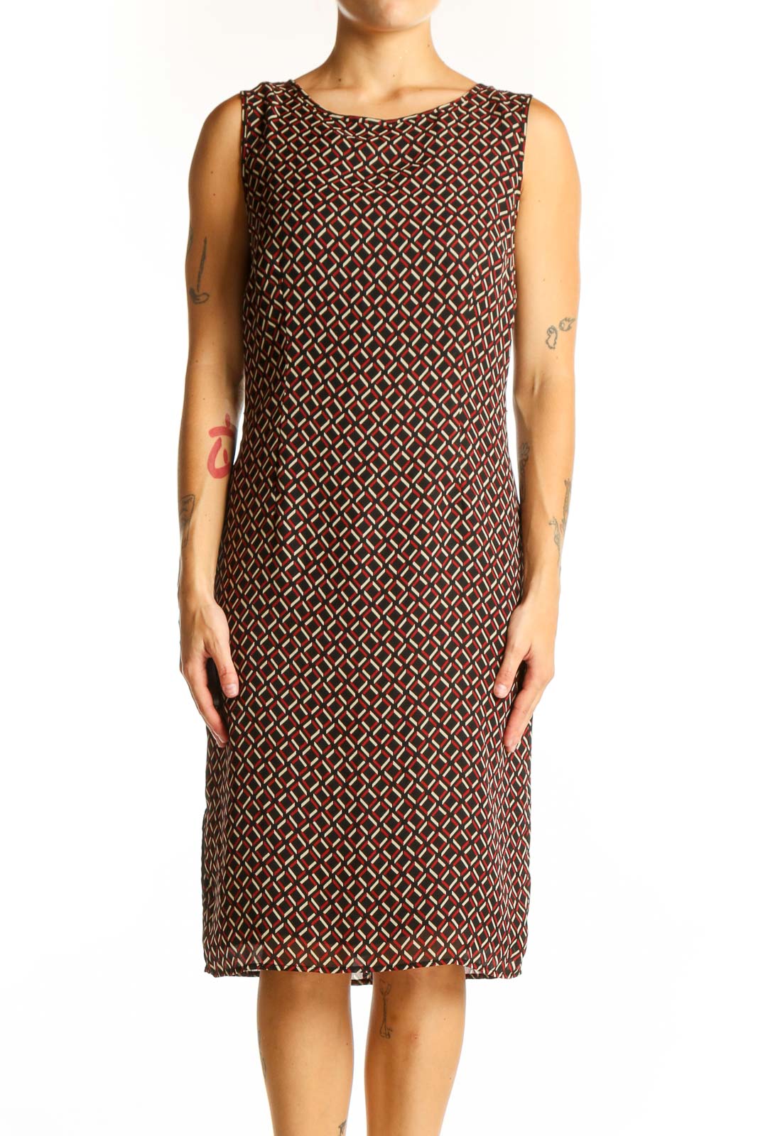Front view of Ann Taylor LOFT brown geometric print sleeveless sheath dress