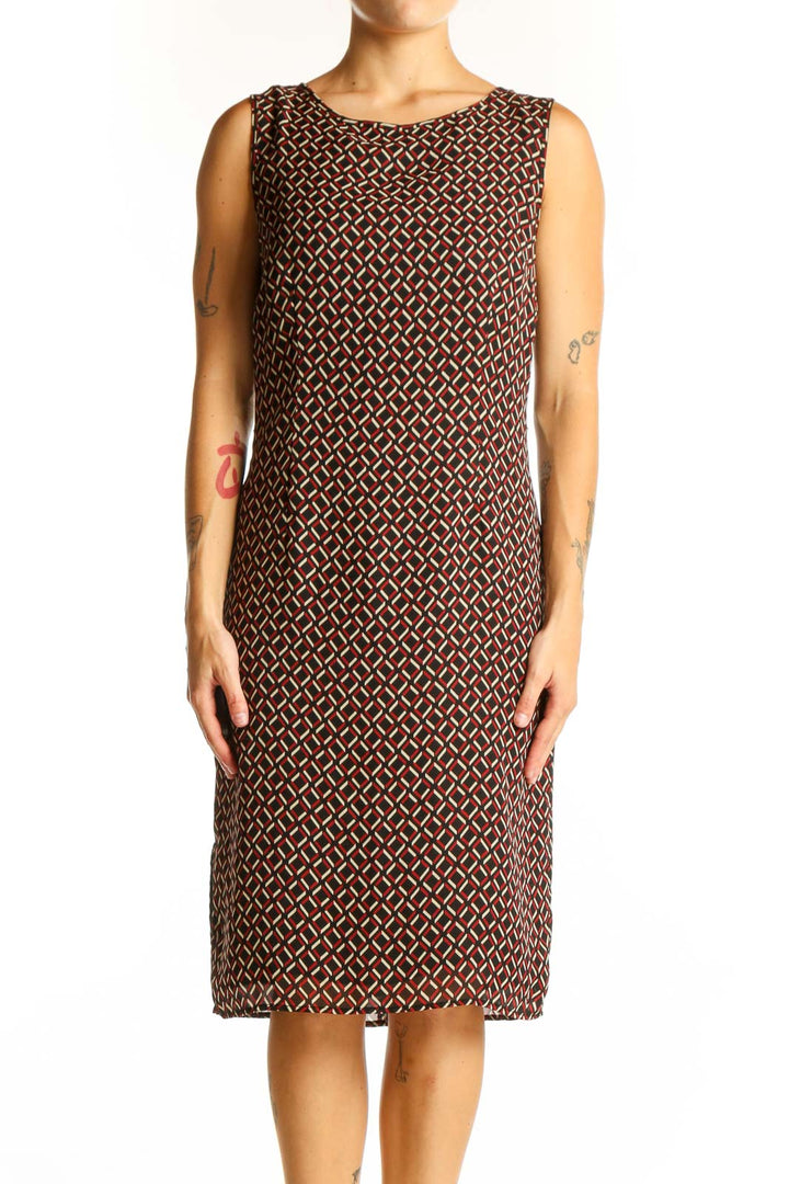 Front view of Ann Taylor LOFT brown geometric print sleeveless sheath dress