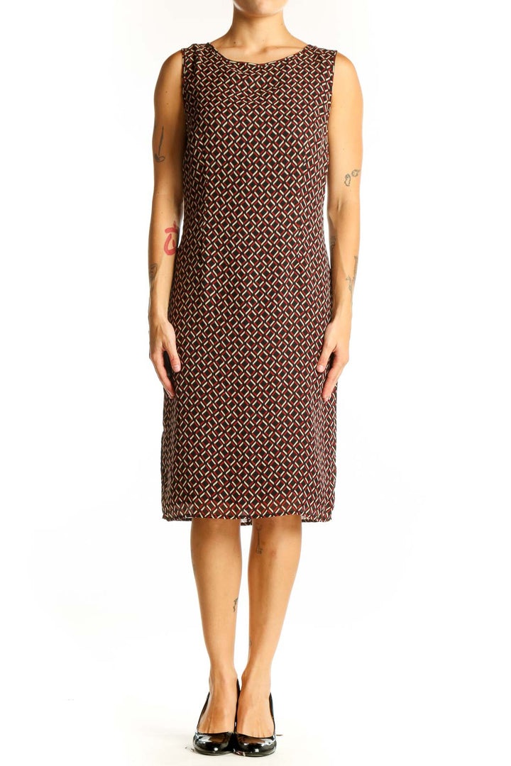 Front view of Ann Taylor LOFT brown geometric print sleeveless sheath dress