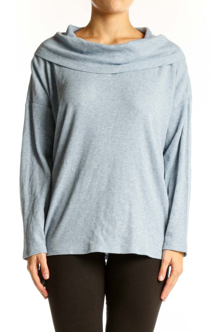 Front view of MICHAEL Michael Kors light blue cowl neck ribbed sweater