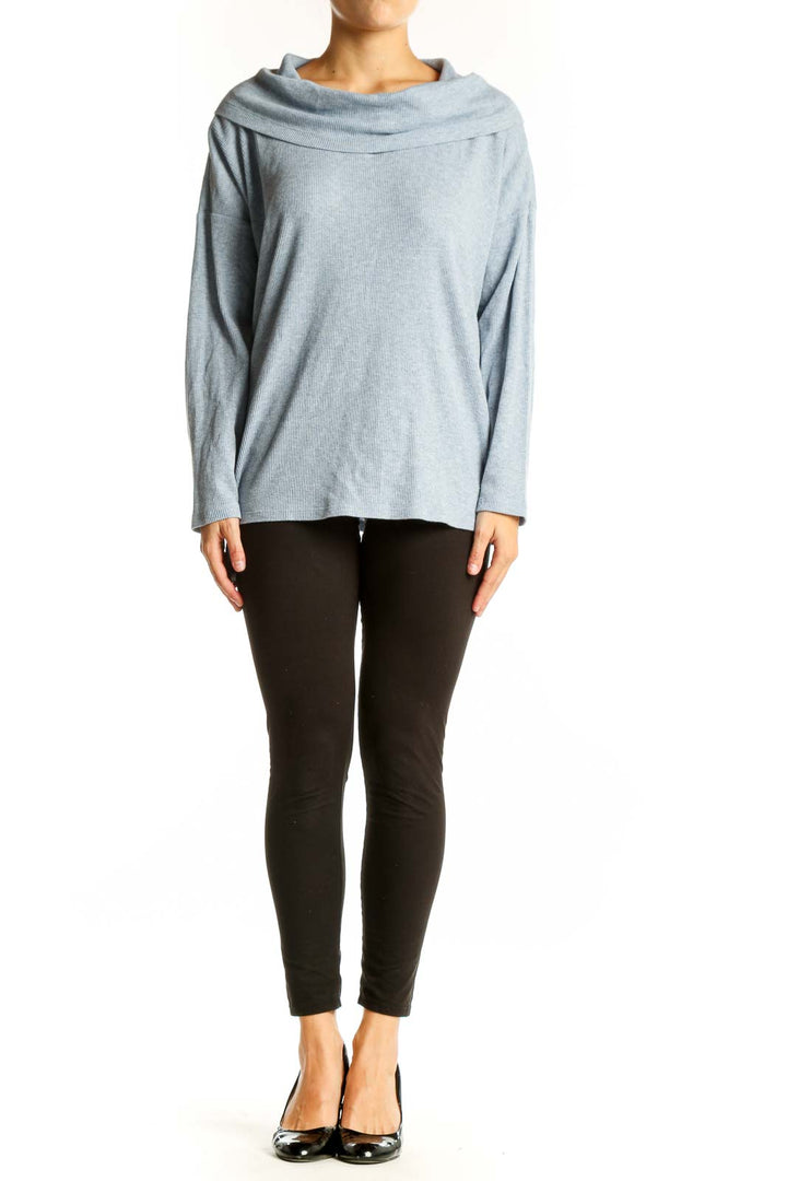 Front view of MICHAEL Michael Kors light blue cowl neck ribbed sweater