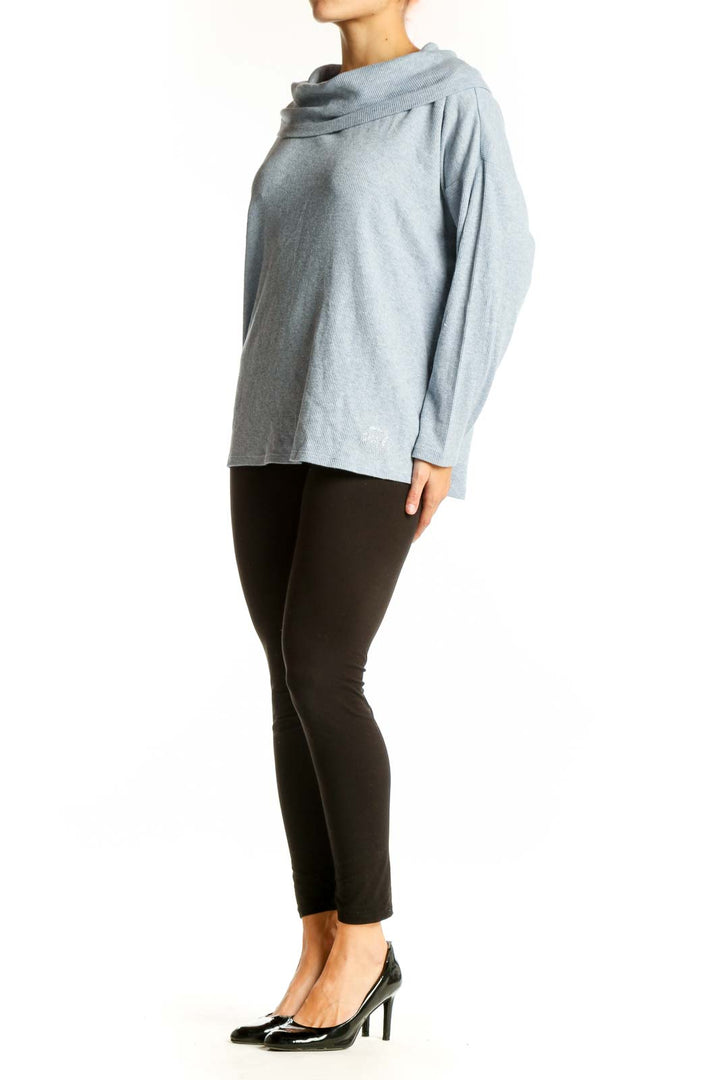 Front view of MICHAEL Michael Kors light blue cowl neck ribbed sweater