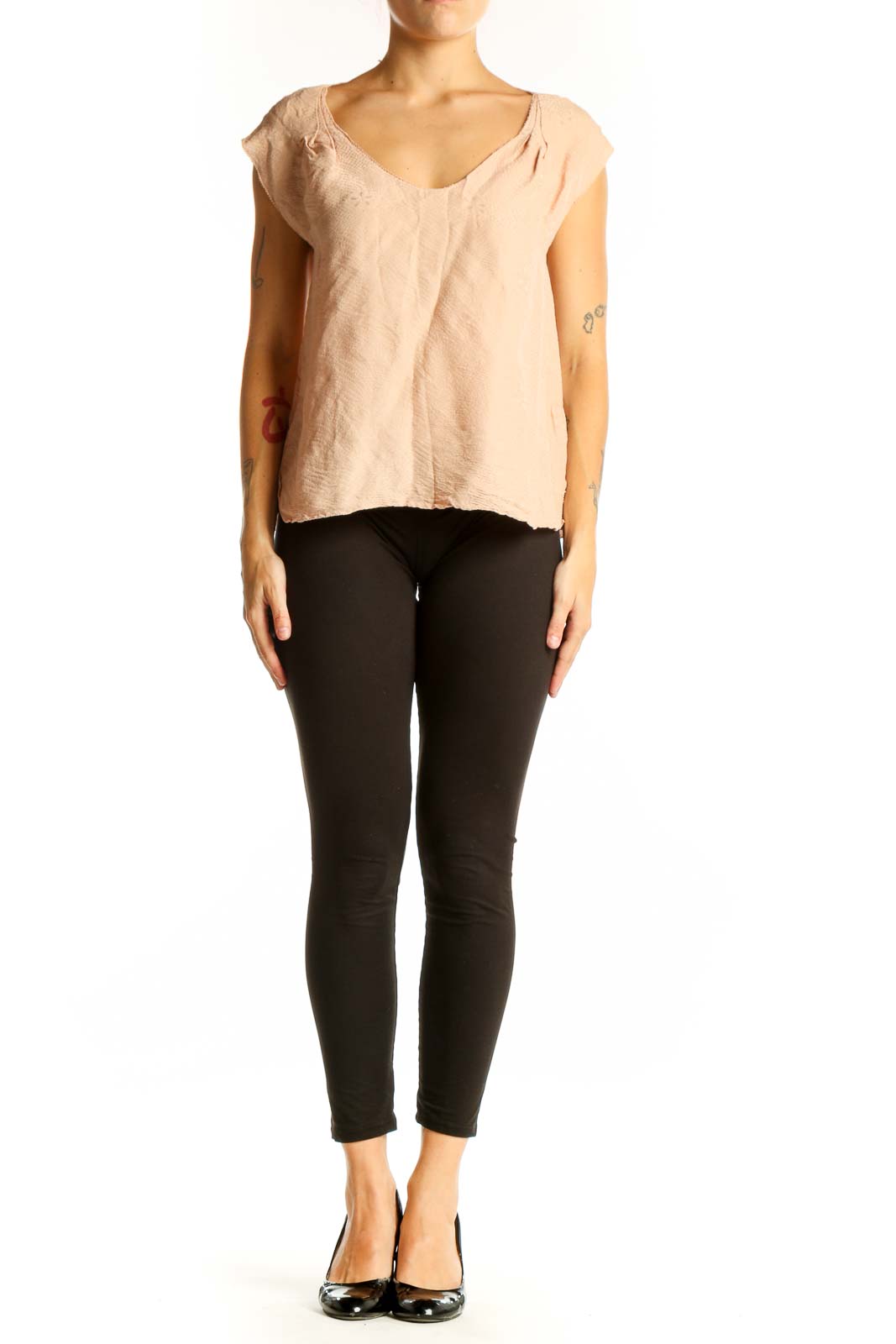 Front view of Rebecca Taylor blush cap sleeve V-neck top
