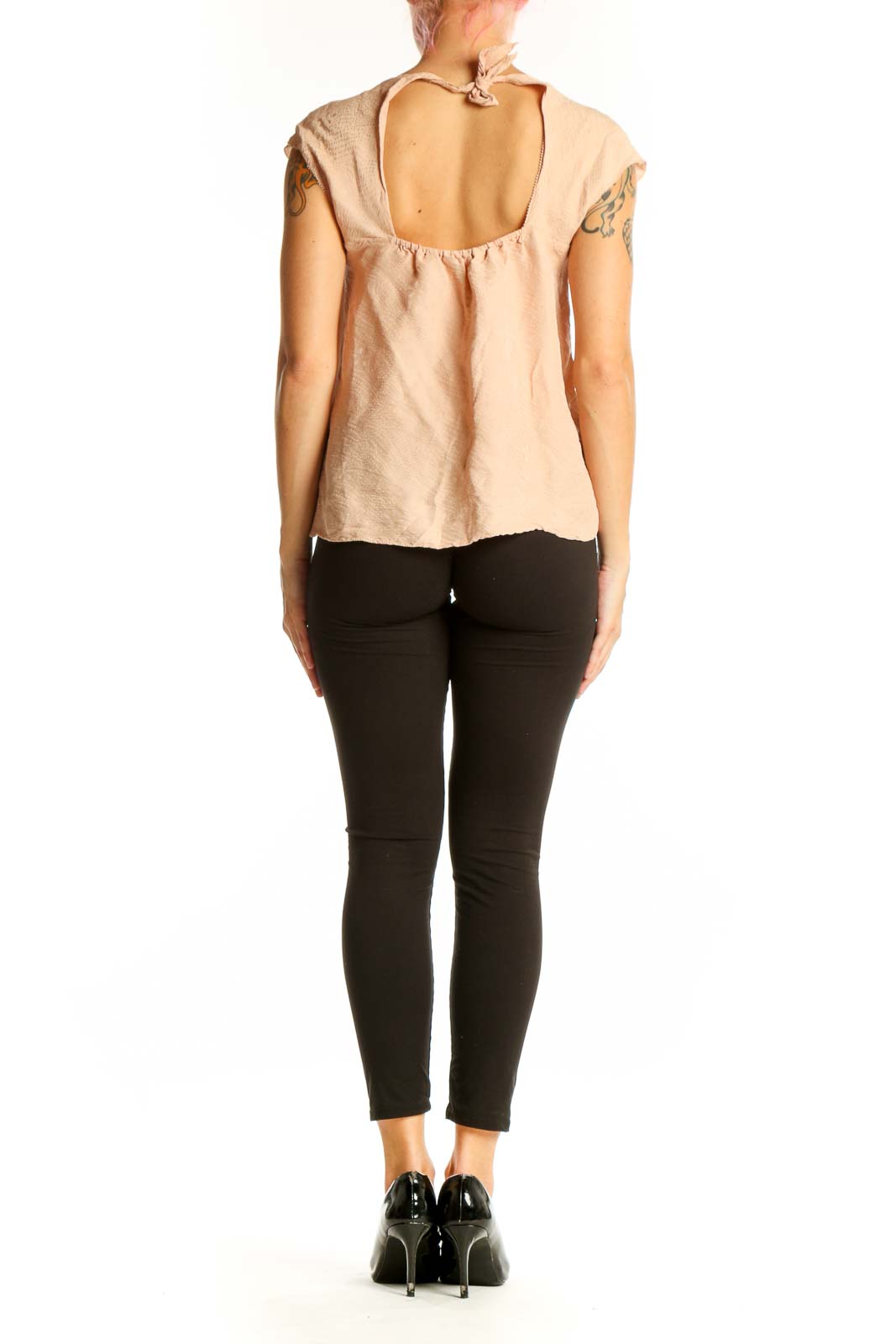 Side view of Rebecca Taylor blush cap sleeve top on model