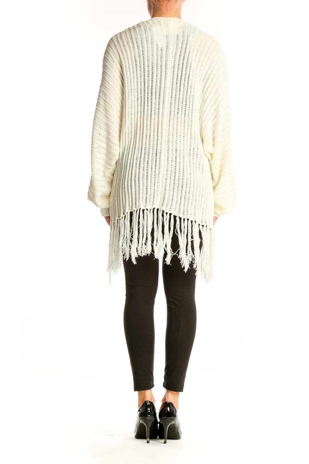 Side view of model wearing Fantastic Fawn cream ribbed cardigan