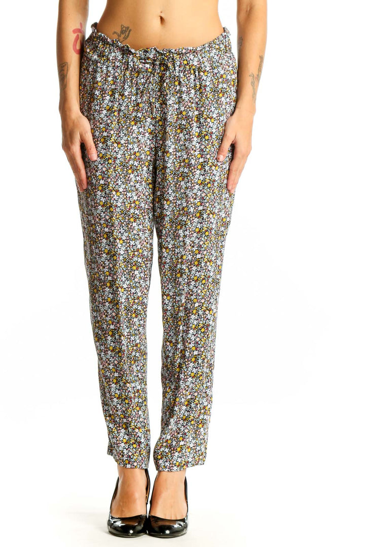 Front view of LOFT floral viscose pants with drawstring waist