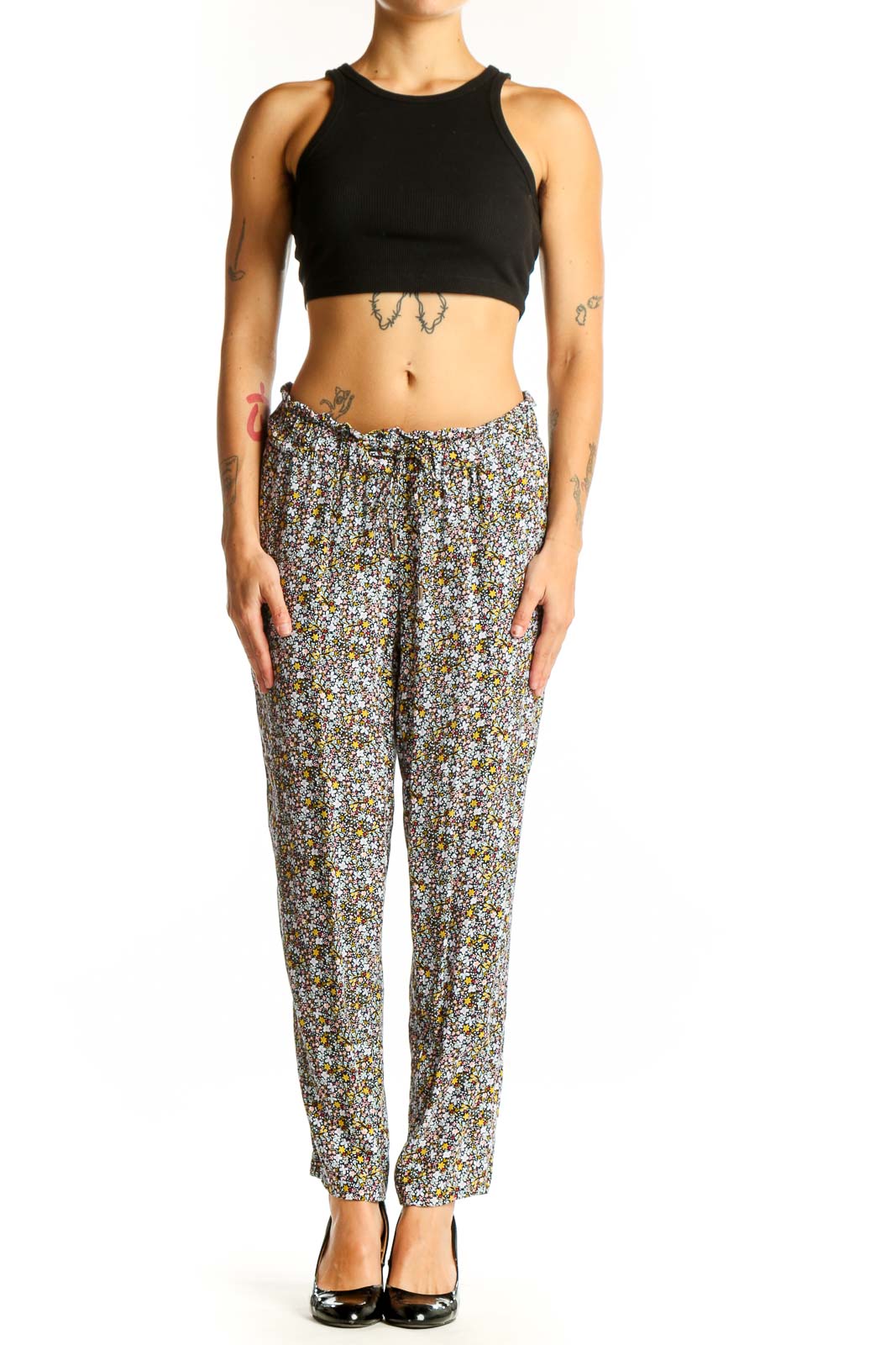 Front view of LOFT floral viscose pants with drawstring waist