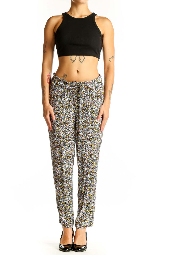 Front view of LOFT floral viscose pants with drawstring waist