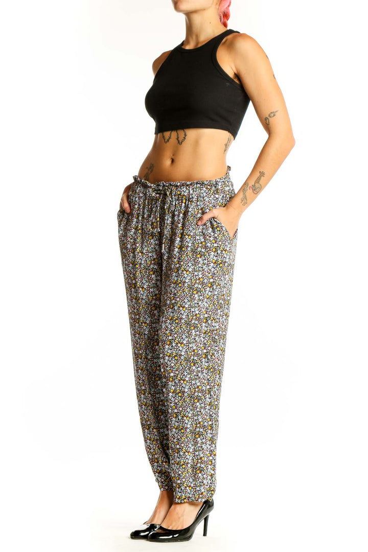 Front view of LOFT floral viscose pants with drawstring waist