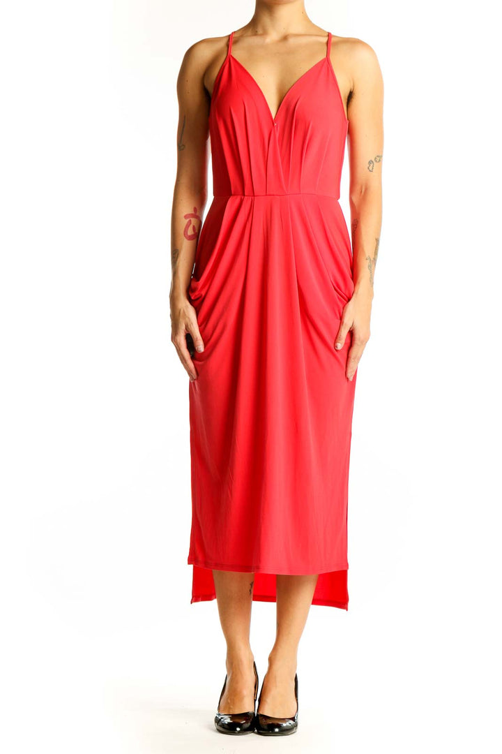 Front view of red BCBGeneration midi dress with plunging neckline