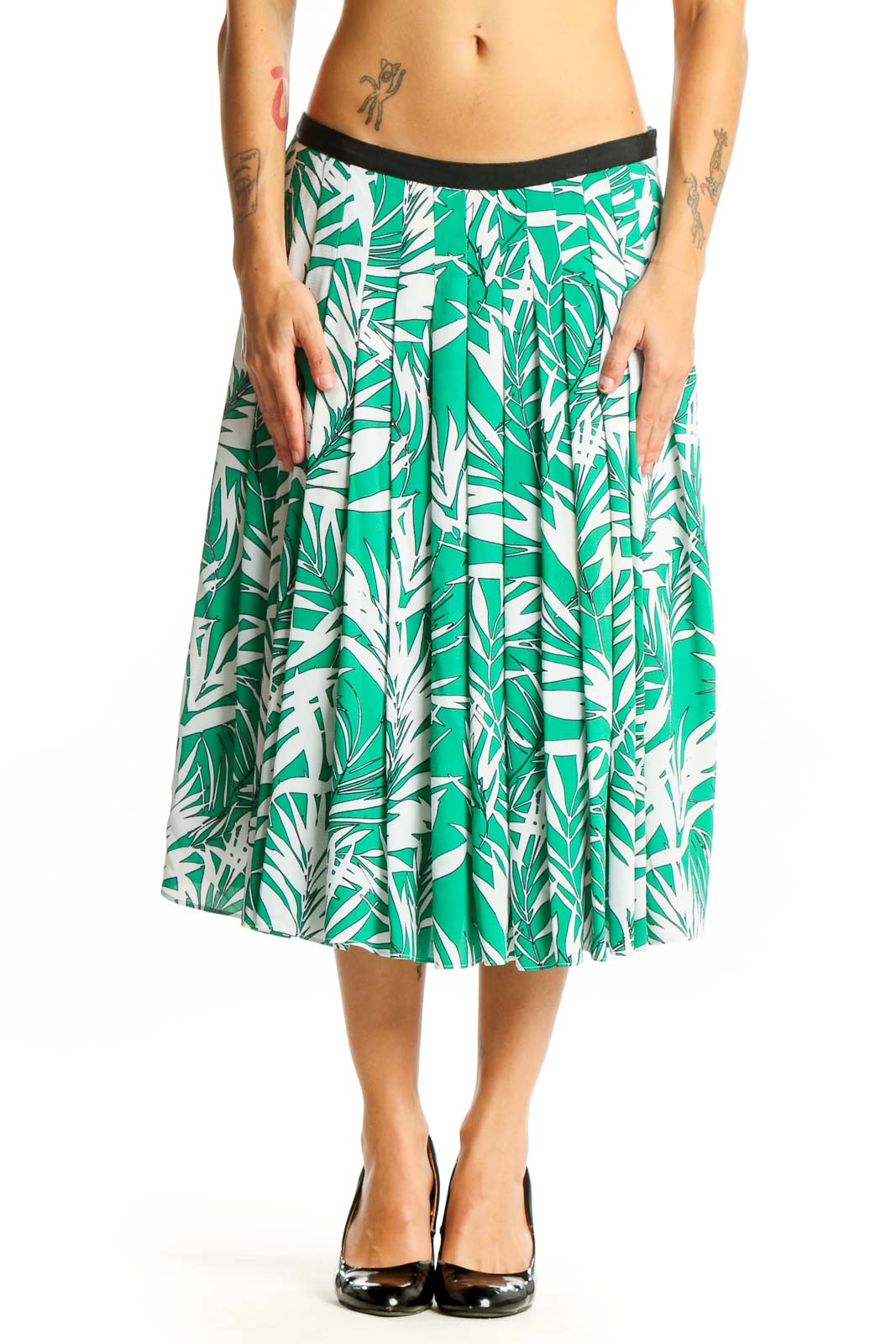 Front view of green tropical print pleated midi skirt from Talbots