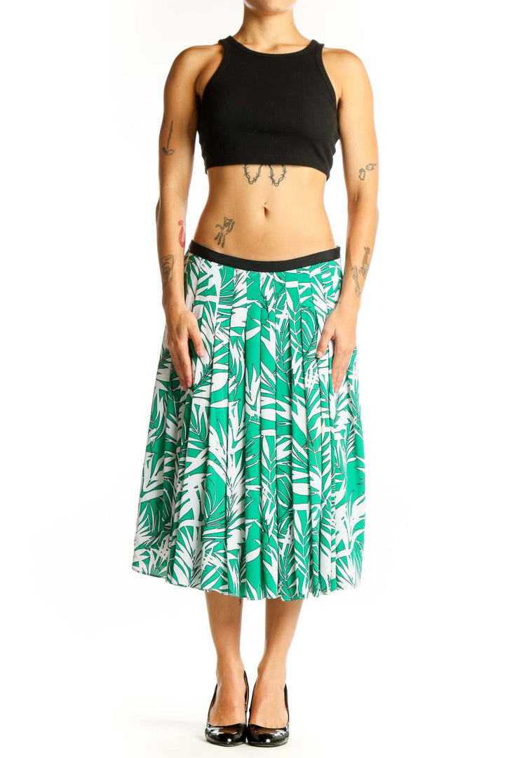Front view of green tropical print pleated midi skirt from Talbots