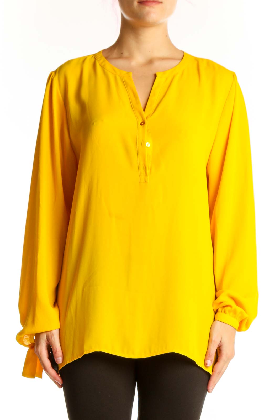 Front view of yellow V-neck long sleeve blouse by Violet & Claire