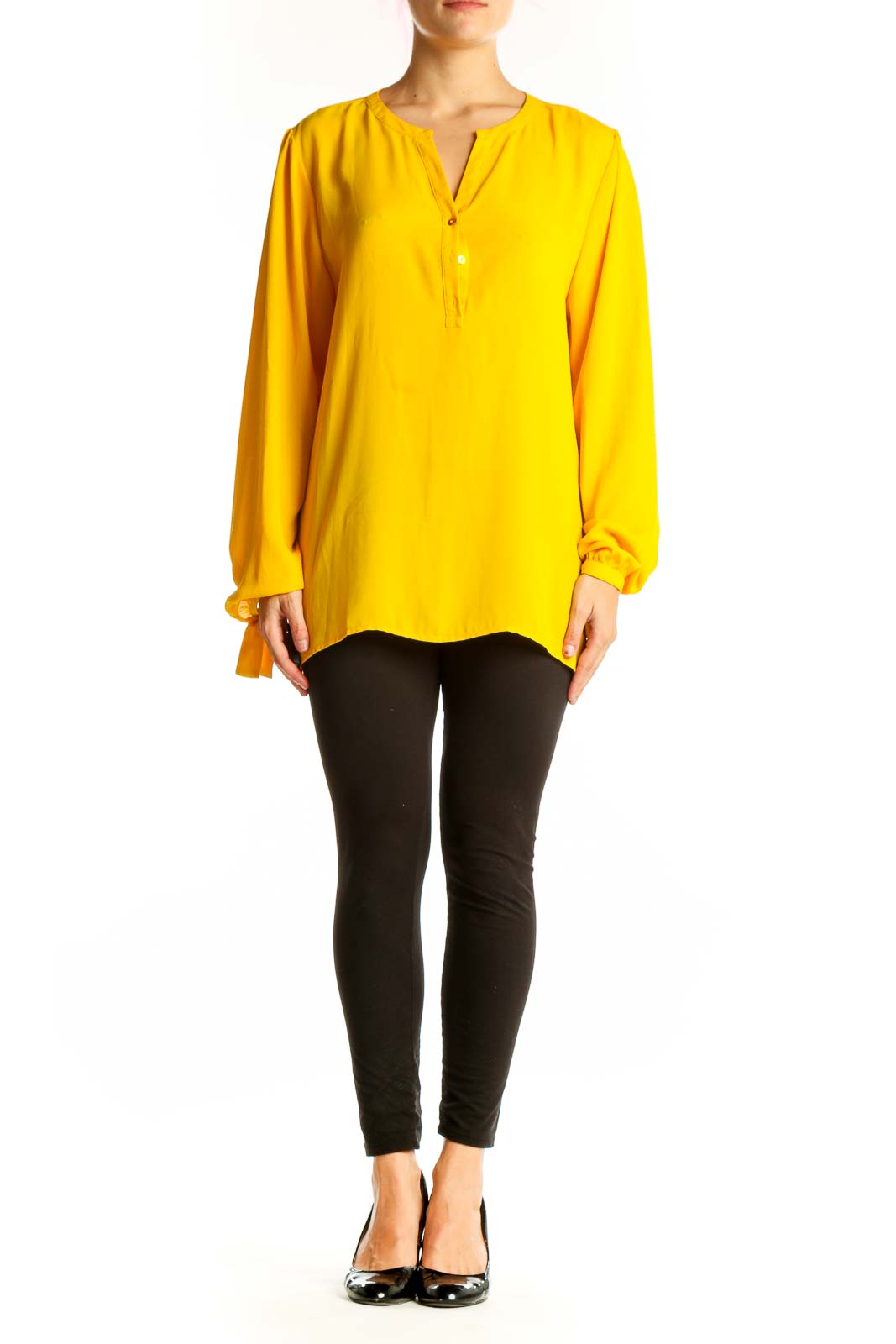 Front view of yellow V-neck long sleeve blouse by Violet & Claire