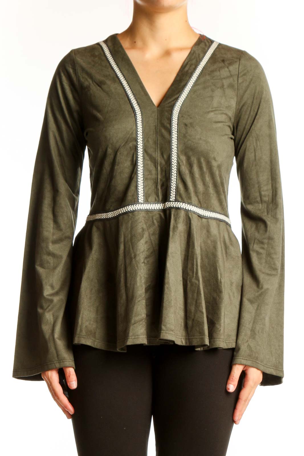 Front view of olive suede peplum top with bell sleeves and white trim