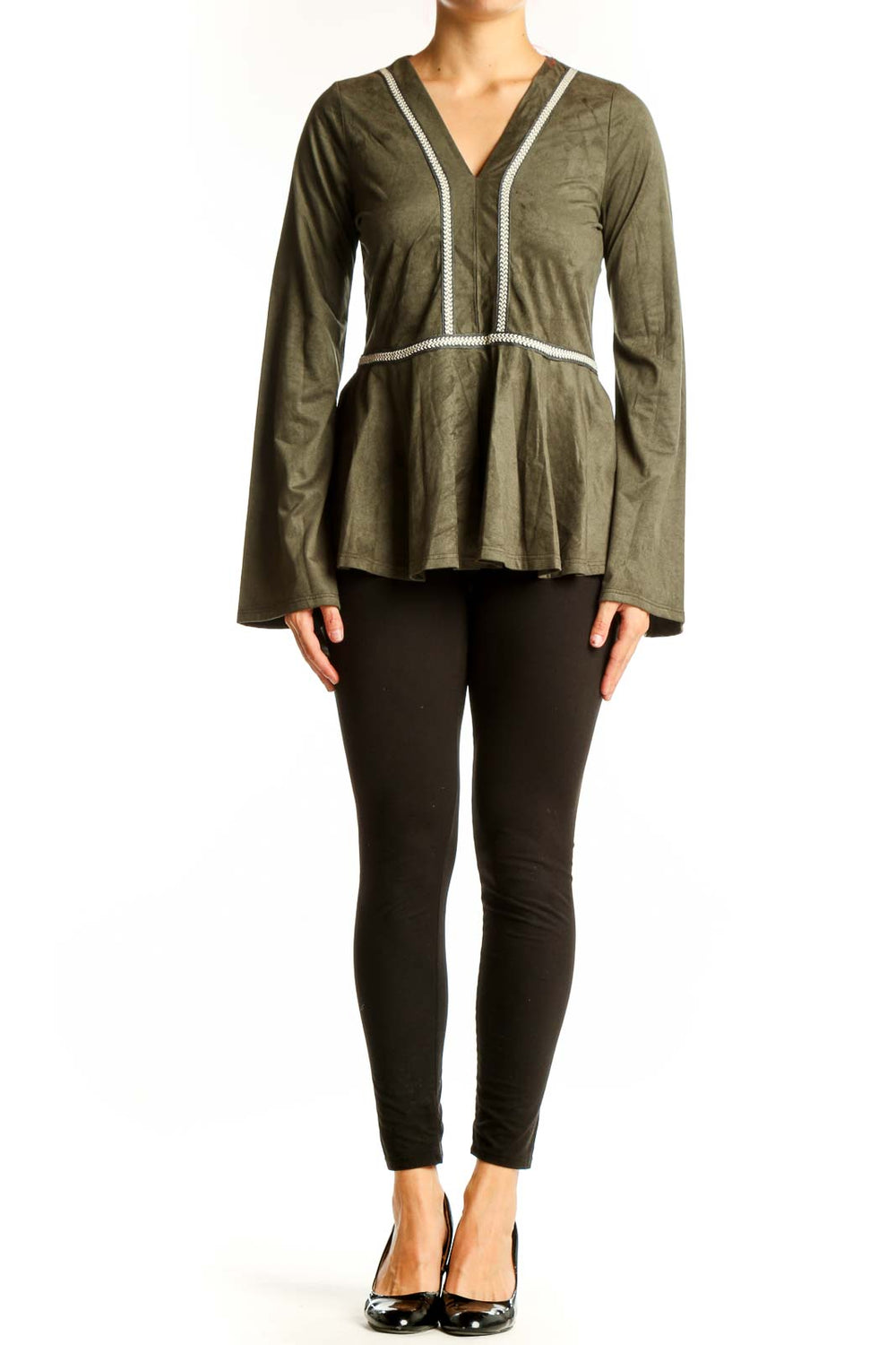 Front view of olive suede peplum top with bell sleeves and white trim