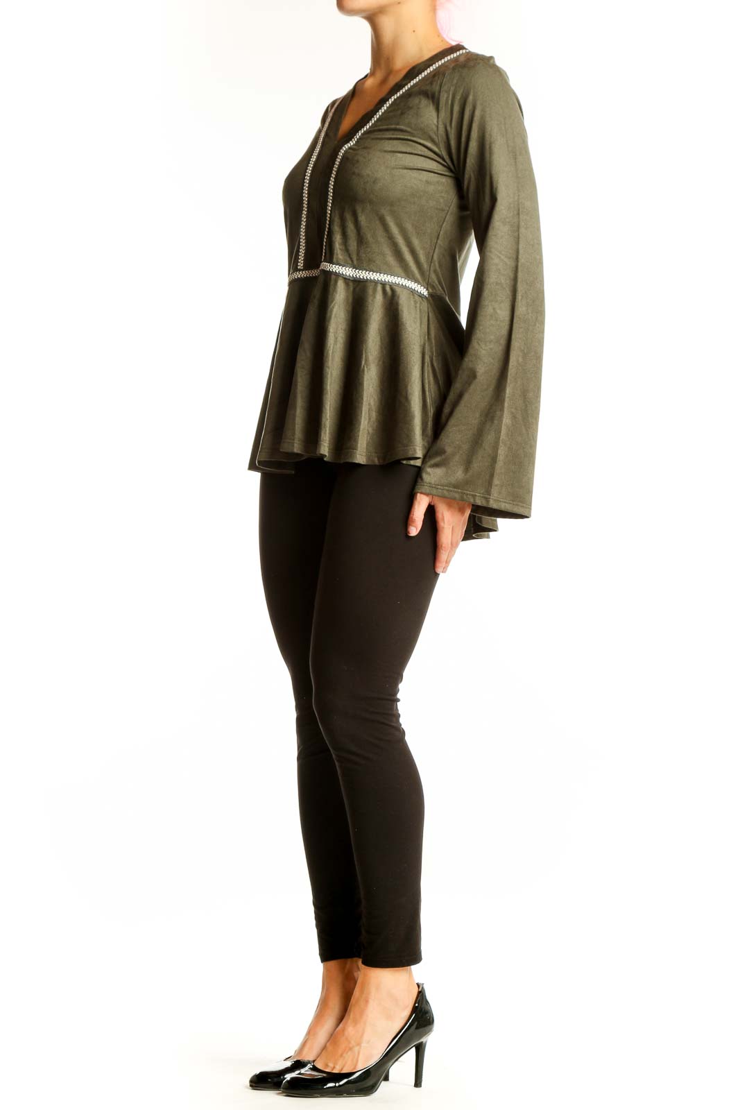 Front view of olive suede peplum top with bell sleeves and white trim